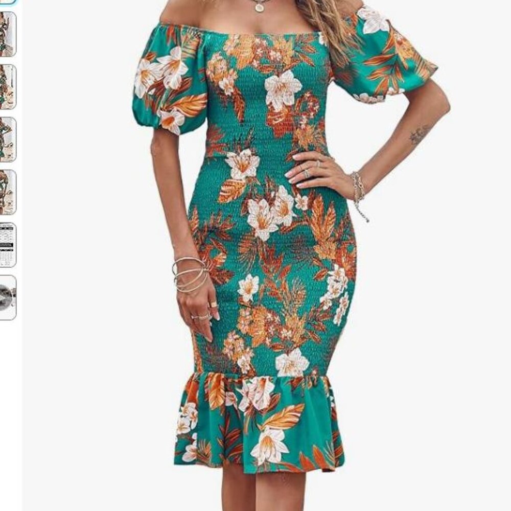 Women's Small Floral Midi Dress off-shoulder Kentucky Derby Puff Sleeve
